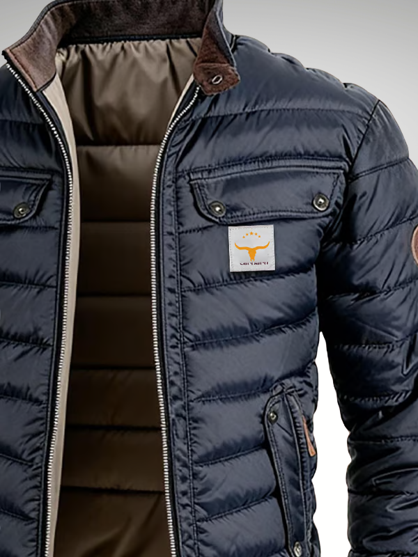 Men's navy quilted jacket open stand collar with inner lining and chest pocket