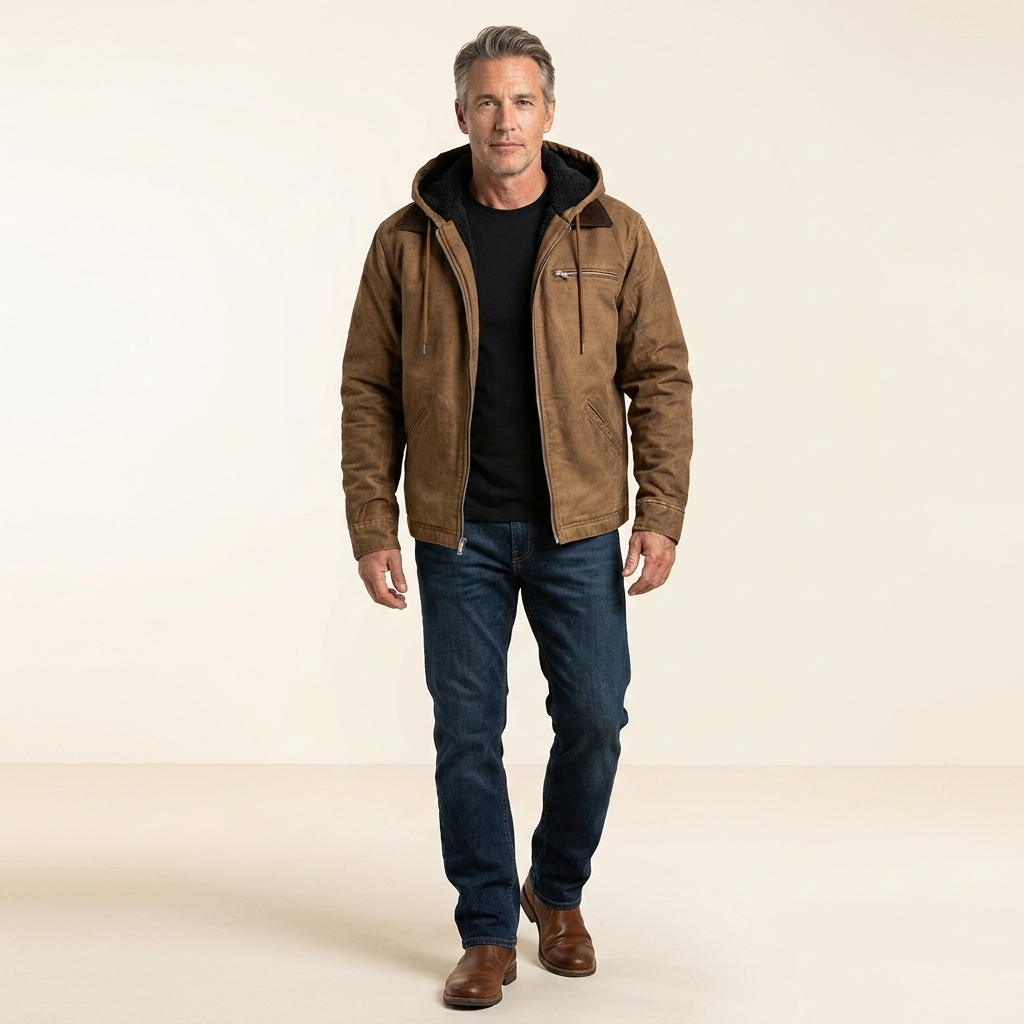 Men's fitted brown hoodie jacket with zip front, drawstring hood, and two side pockets