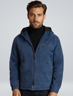 Blue zip-up hoodie jacket with black inner hood/collar and front zipper