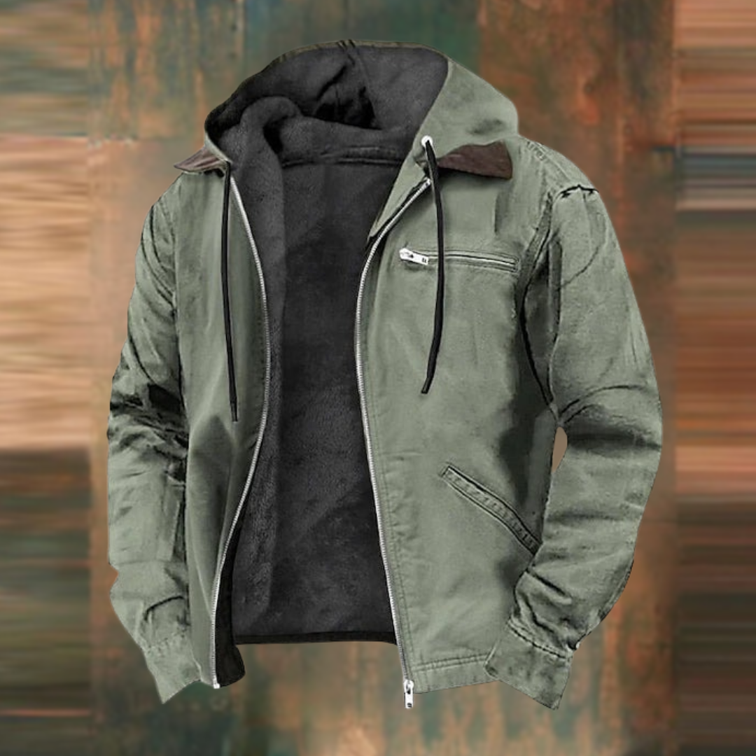 Hooded zip-up jacket with fleece lining, sage green outer, dark hood, front zip and pocket