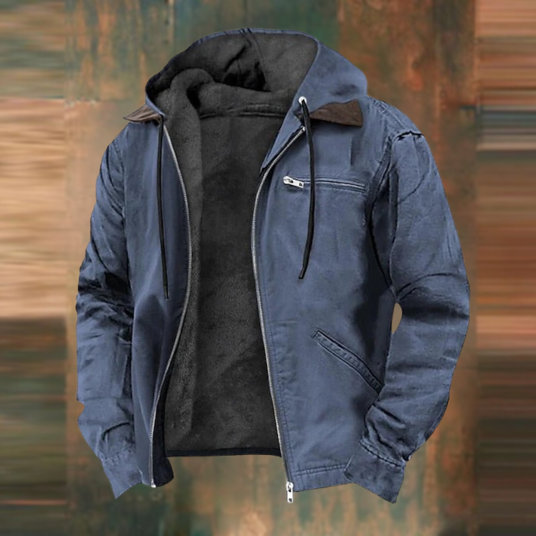 Hooded zip-up jacket with fleece lining, blue outer, dark hood, front zip and chest pocket