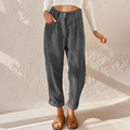 Charcoal gray corduroy trousers, high-waisted wide-leg with elasticated waist and button front