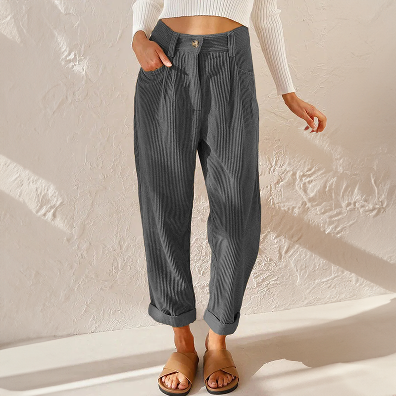 Charcoal gray corduroy trousers, high-waisted wide-leg with elasticated waist and button front