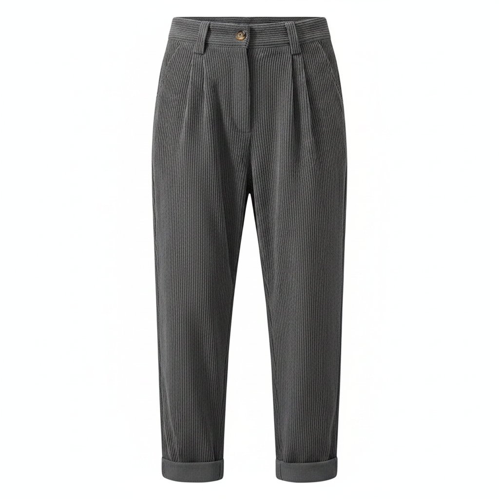 Gray corduroy wide-leg trousers with elasticated waist, button closure, and cuffed hem