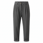 Gray corduroy wide-leg trousers with elasticated waist, button closure, and cuffed hem