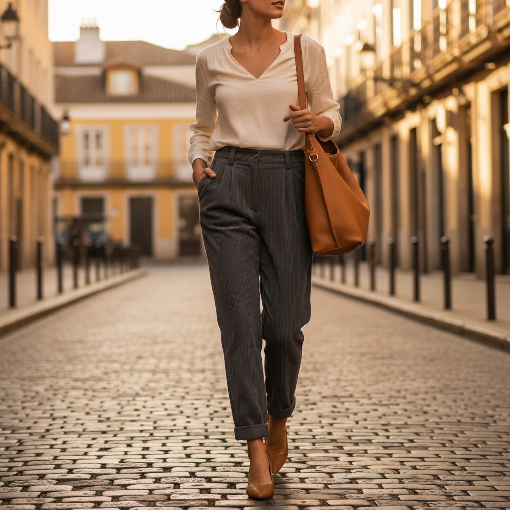 High-waisted wide-leg corduroy trousers with elastic waist, dark gray
