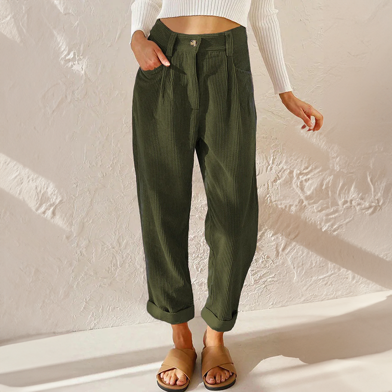 Dark green corduroy trousers, high-waisted wide-leg with elasticated waist and button front