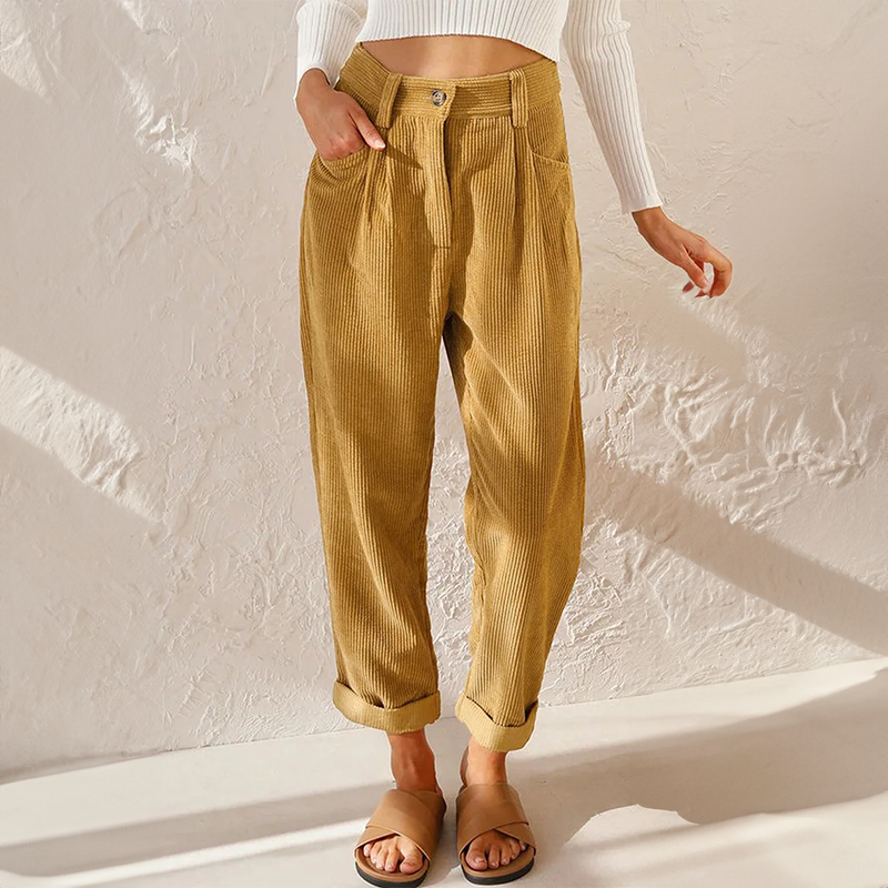 Mustard yellow corduroy trousers, high-waisted wide-leg with elasticated waist and button front