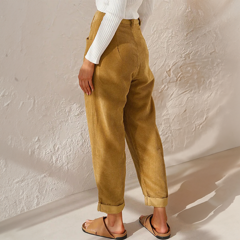 Mustard corduroy trousers, high-waisted wide-leg with elasticated waist and button front