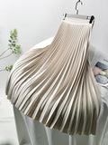 Women's high-waisted pleated midi skirt, beige with vertical folds