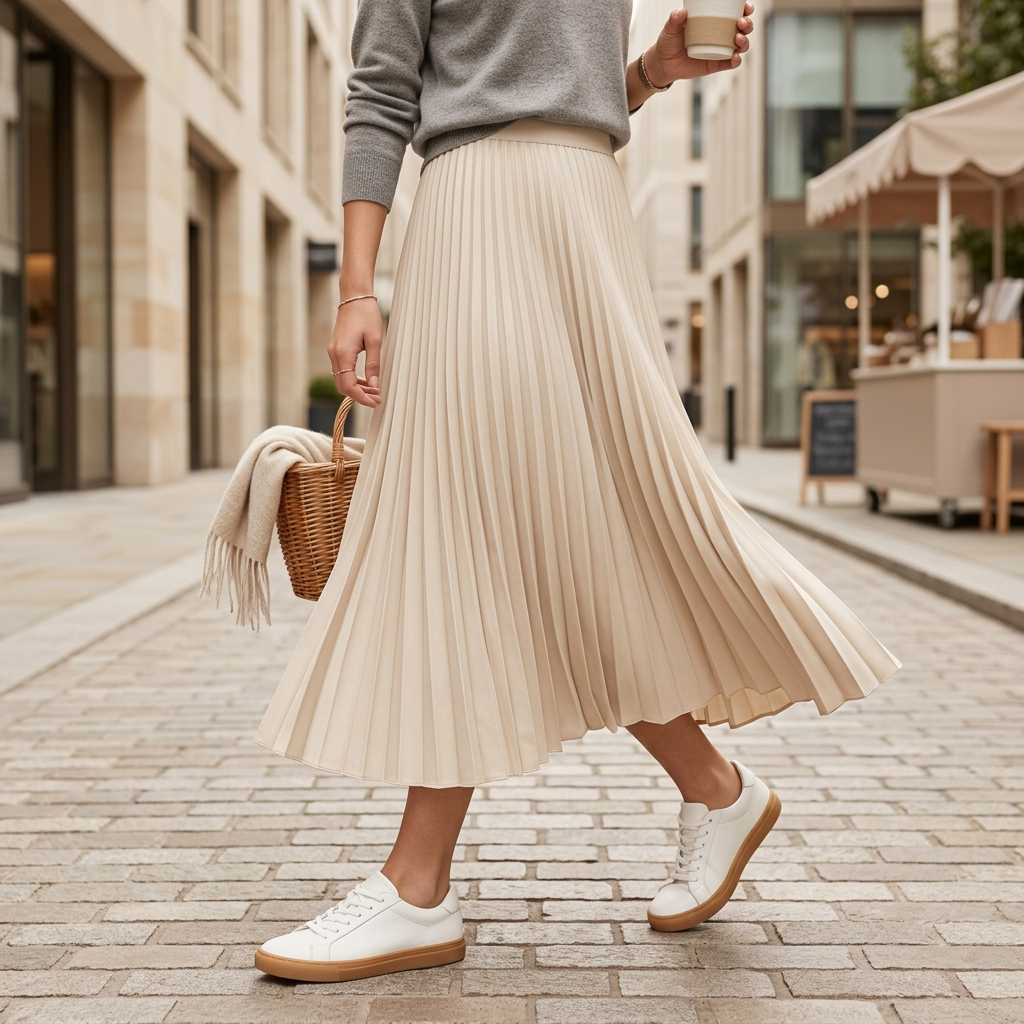 Women's high-waisted pleated midi skirt in beige, flowing pleats with elastic waistband