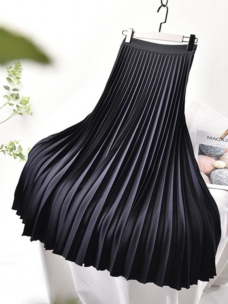 Women's high-waisted pleated midi skirt, dark blue pleats and A-line swing