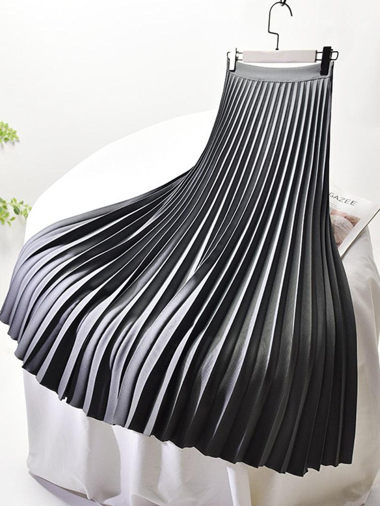 Women's high-waisted pleated midi skirt, dark gray pleats with gathered waistband
