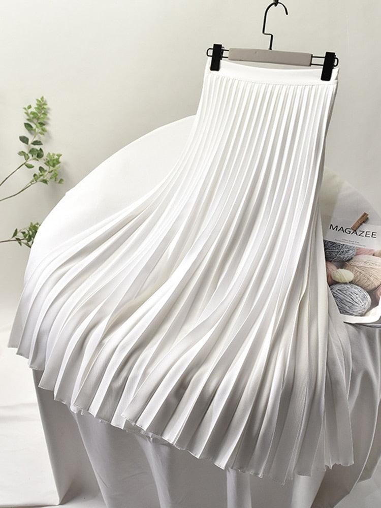 Women's high-waisted pleated midi skirt, white pleats with flared midi hem