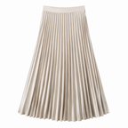 Women's high-waisted pleated midi skirt, beige with vertical pleats and wide waistband