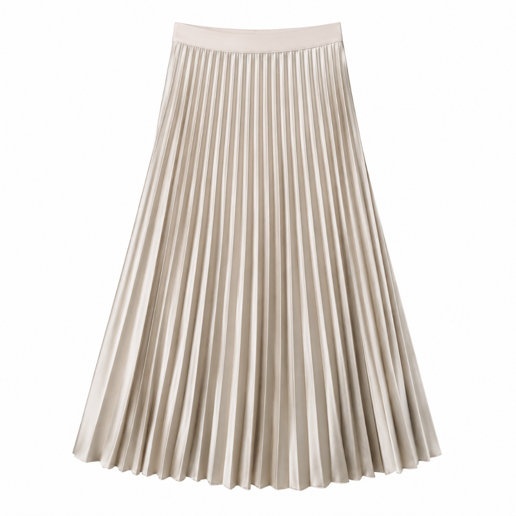 Women's high-waisted pleated midi skirt, beige with vertical pleats and wide waistband