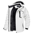 White winter jacket with black hood lining and full zip front, side pockets.