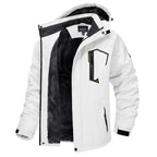 White winter jacket with black hood lining and full zip front, side pockets.