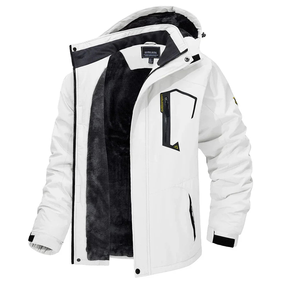 White winter jacket with black hood lining and full zip front, side pockets.