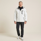 Men's white waterproof winter jacket with hood, zip front, and multiple pockets, fleece-lined