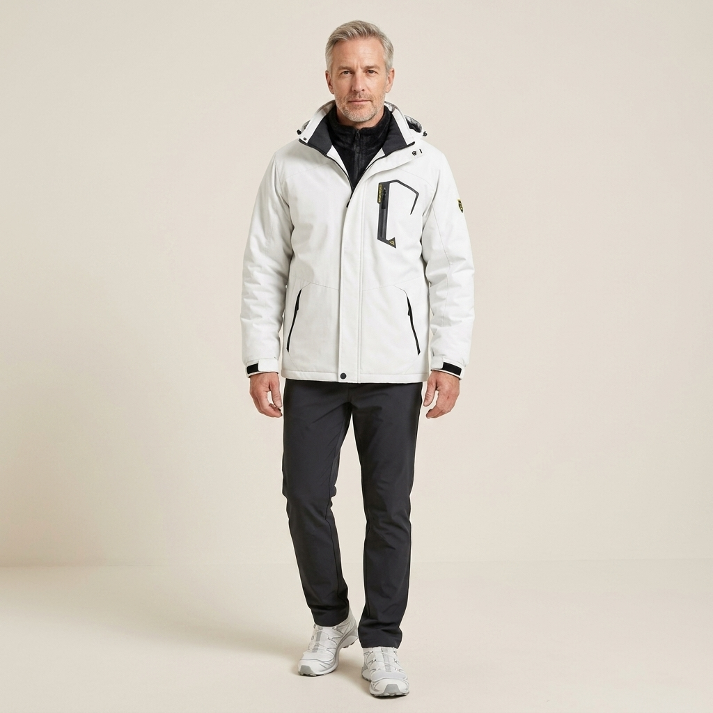 Men's white waterproof winter jacket with hood, zip front, and multiple pockets, fleece-lined
