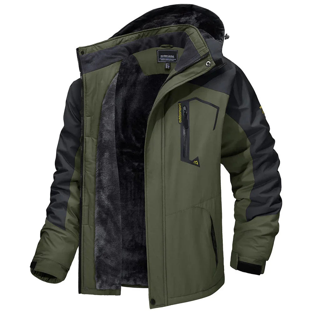 Dark green winter jacket with black hood lining and full zip front, side pockets.