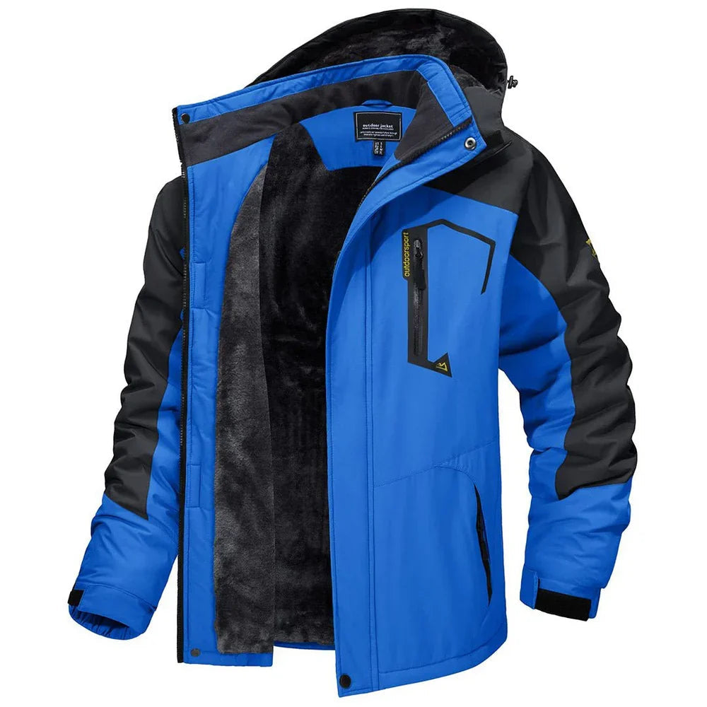 Blue winter jacket with black hood lining and full zip front, side pockets.