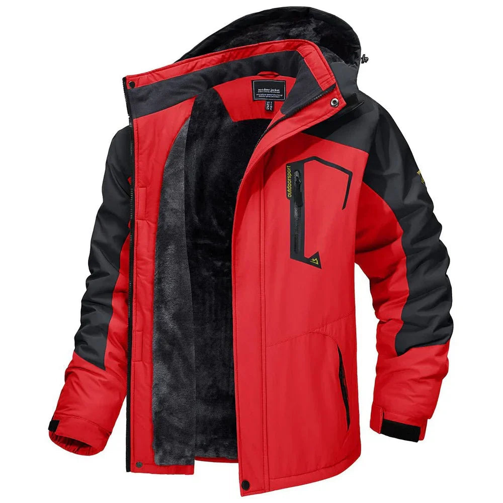 Red winter jacket with black hood lining and full zip front, side pockets.