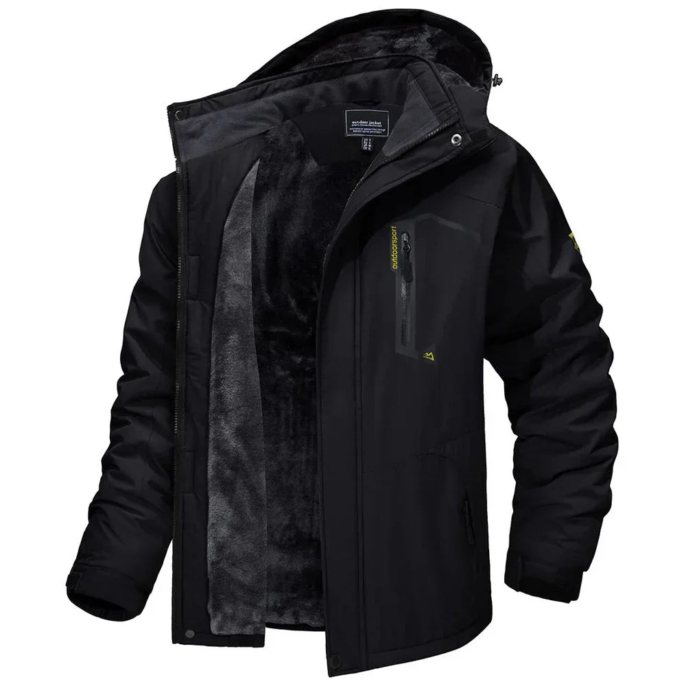 Black winter jacket with dark hood lining and full zip front, side pockets.
