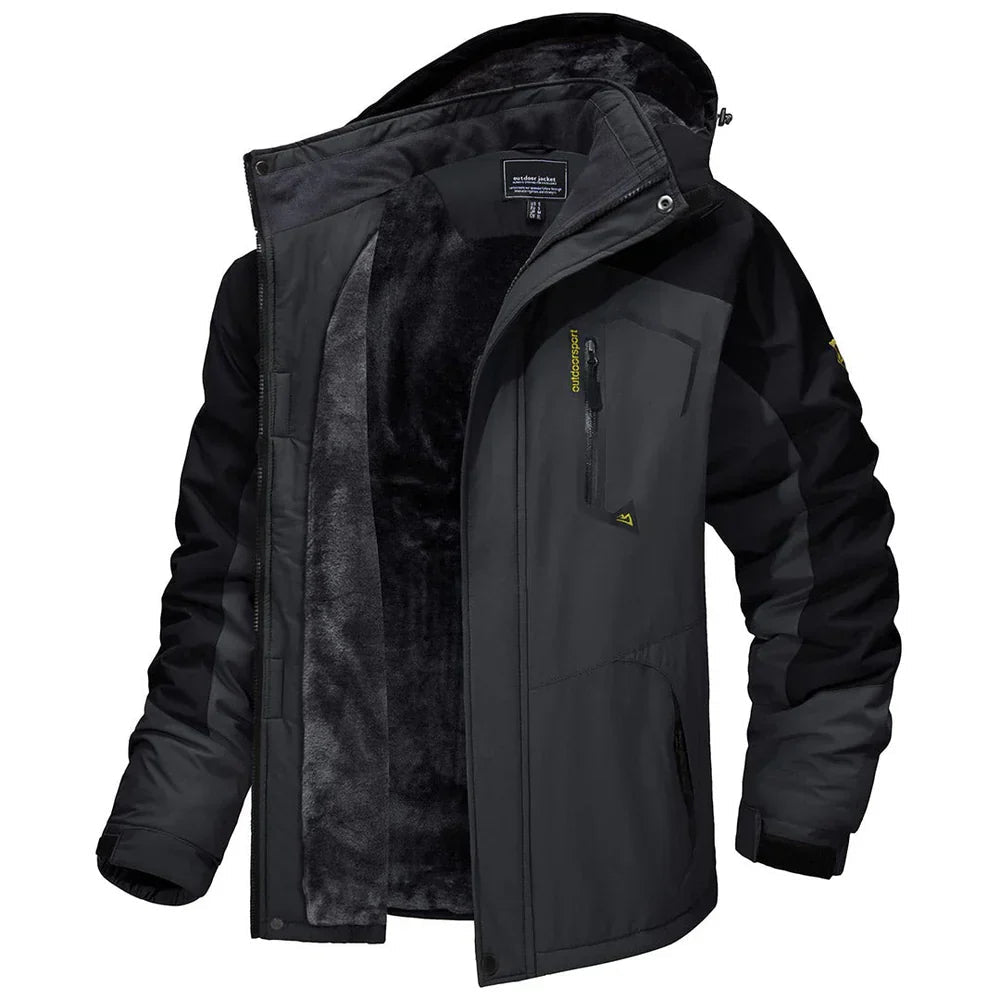 Gray winter jacket with dark hood lining and full zip front, side pockets.