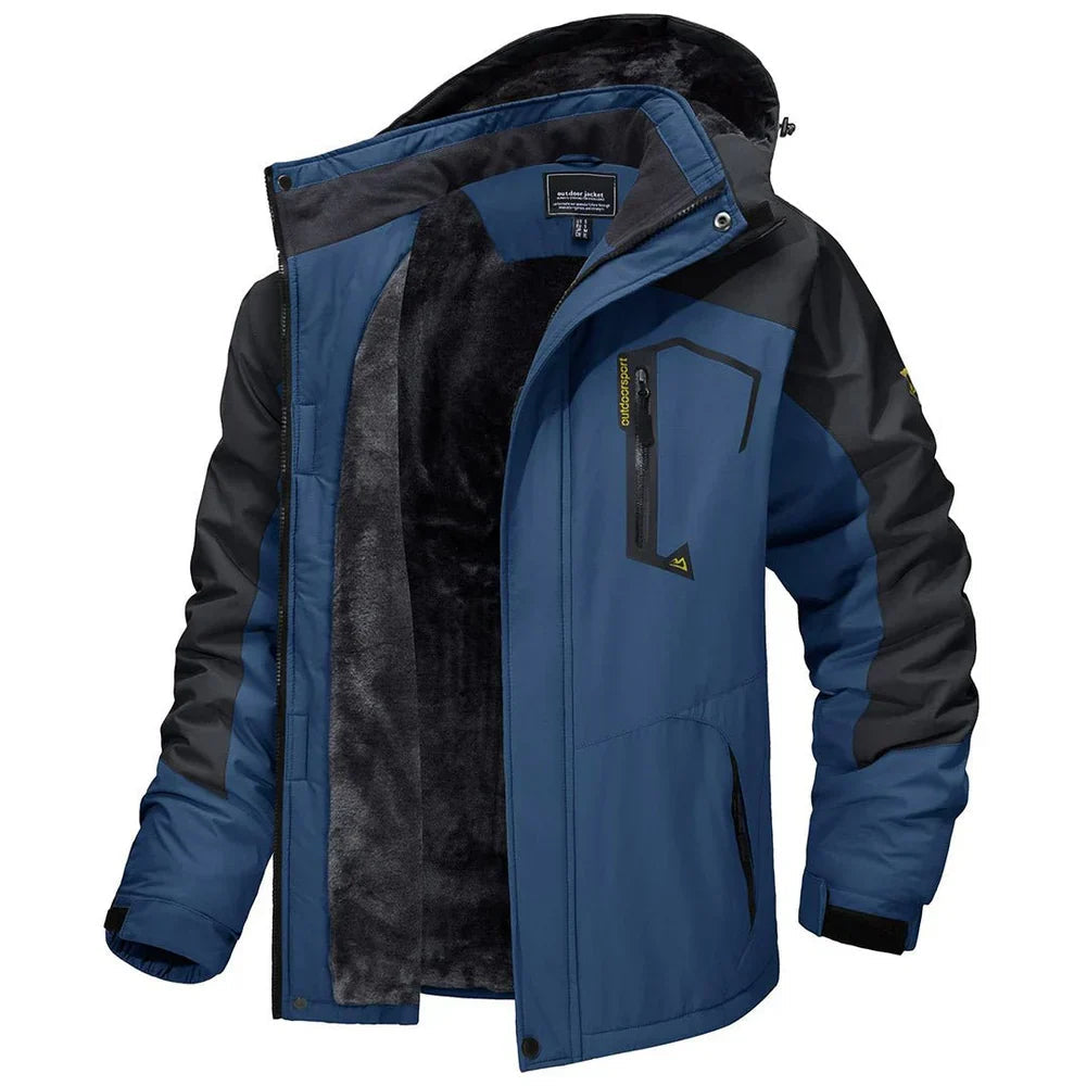 Blue winter jacket with black hood lining and full zip front, side pockets.