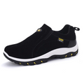 Men's black slip-on hiking shoes with padded collar, white sole, and treaded outsole