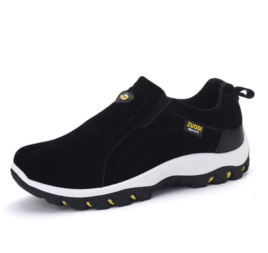 Men's black slip-on hiking shoes with padded collar, white sole, and treaded outsole