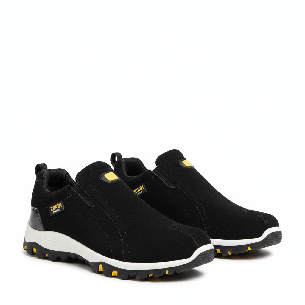 Women's black padded hiking shoes with cushioned white sole and yellow tread