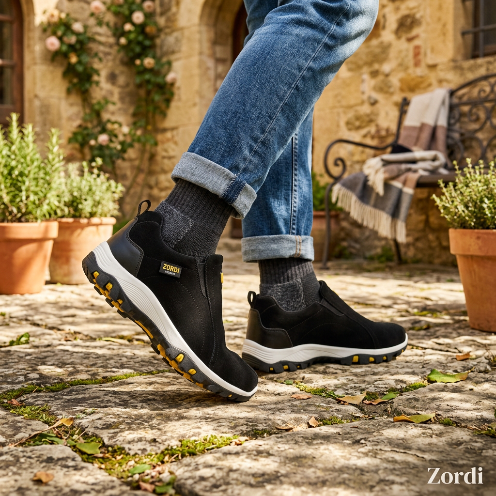 Women's black hiking boot-style shoes with elastic sides, cushioned sole, yellow traction