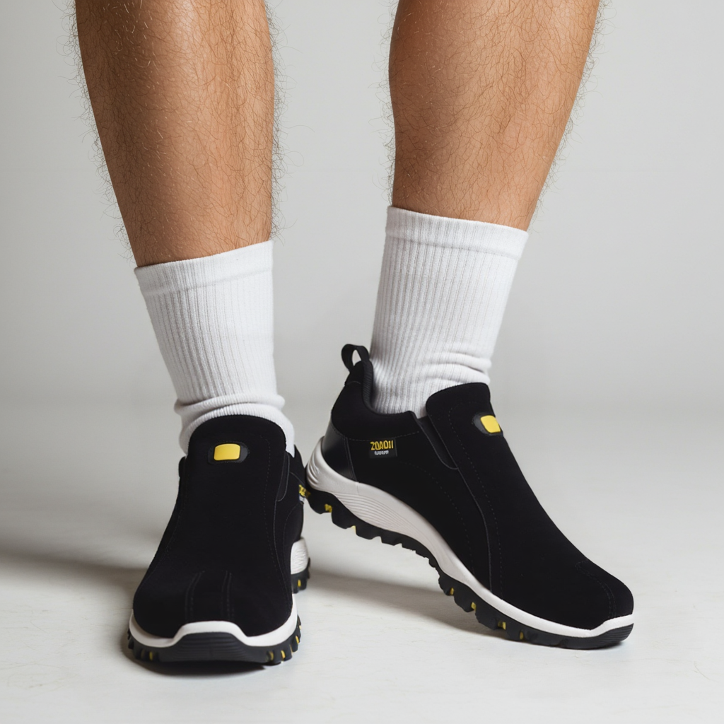 Men's black hiking shoes with ribbed white socks, padded collar, and orange-accent tread