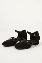 Black dance heels with ankle strap and T-strap detail, low block heel