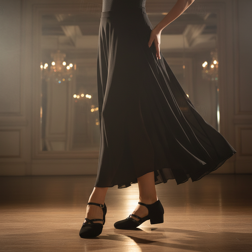 Black dance heels with buckle ankle strap and low platform sole