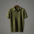 Olive green men's knitted polo shirt with short sleeves and buttoned collar
