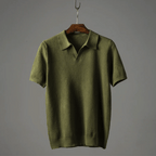 Olive green men's knitted polo shirt with short sleeves and buttoned collar