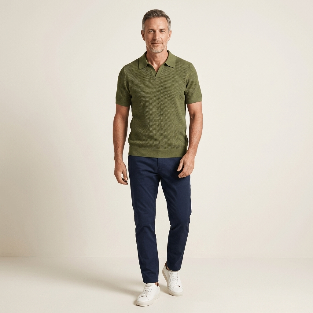 Olive green knitted polo shirt with open collar and short sleeves, regular fit