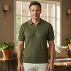 Men's olive green knitted polo shirt on model, short sleeves and collared neckline