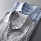 Knitted polo shirt collars in light grey and sky blue, short-sleeve knit texture