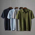 Assorted men's knitted polo shirts on hangers: navy, sky blue, light grey, olive green
