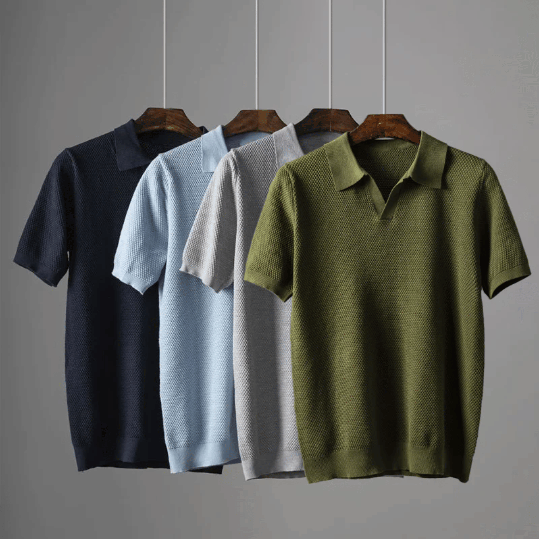 Assorted men's knitted polo shirts on hangers: navy, sky blue, light grey, olive green