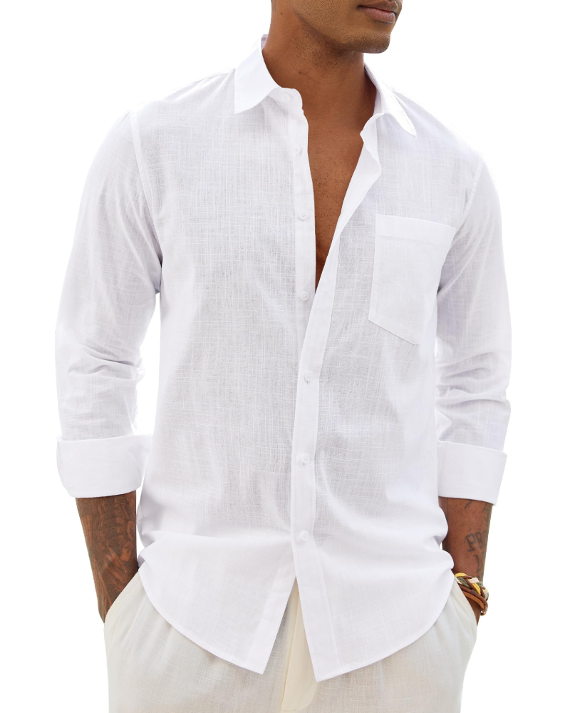 Men’s long-sleeve button-up shirt in white with chest pocket.