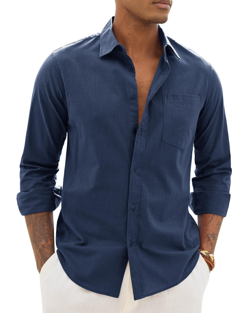 Men's cotton-linen long-sleeve shirt in navy blue, button-front with chest pocket.