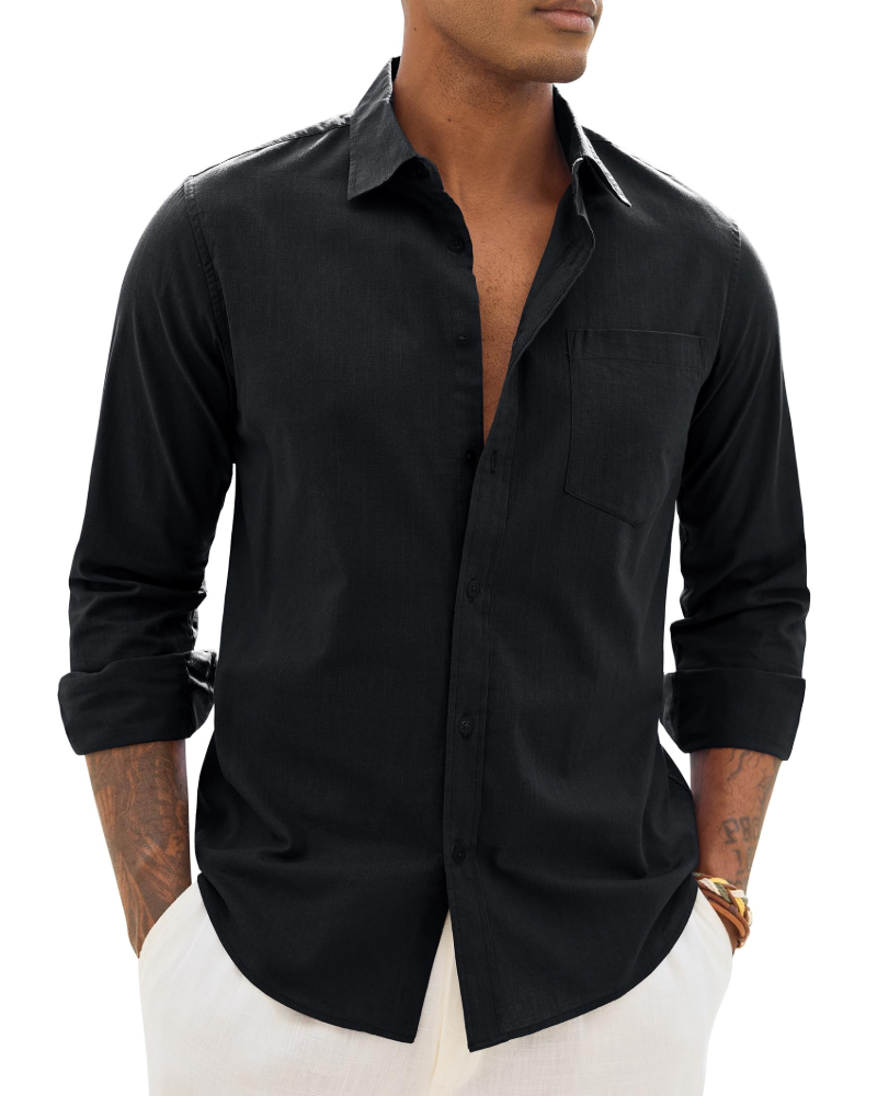 Men's cotton-linen long-sleeve shirt in black, button-front with chest pocket.