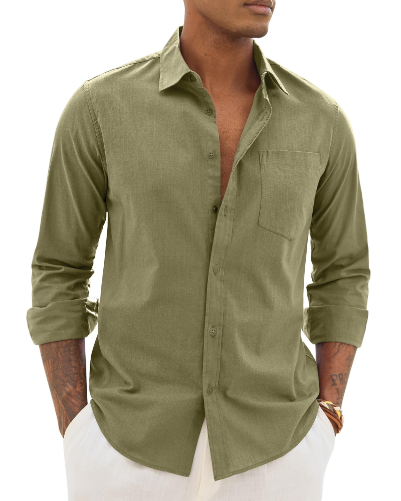 Men's cotton-linen long-sleeve shirt in olive green, button-front with chest pocket.