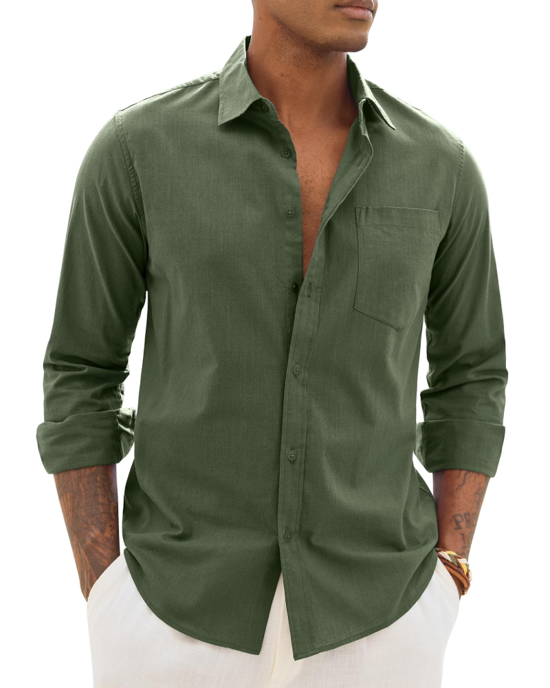 Men’s long-sleeve button-up shirt in dark green with chest pocket.